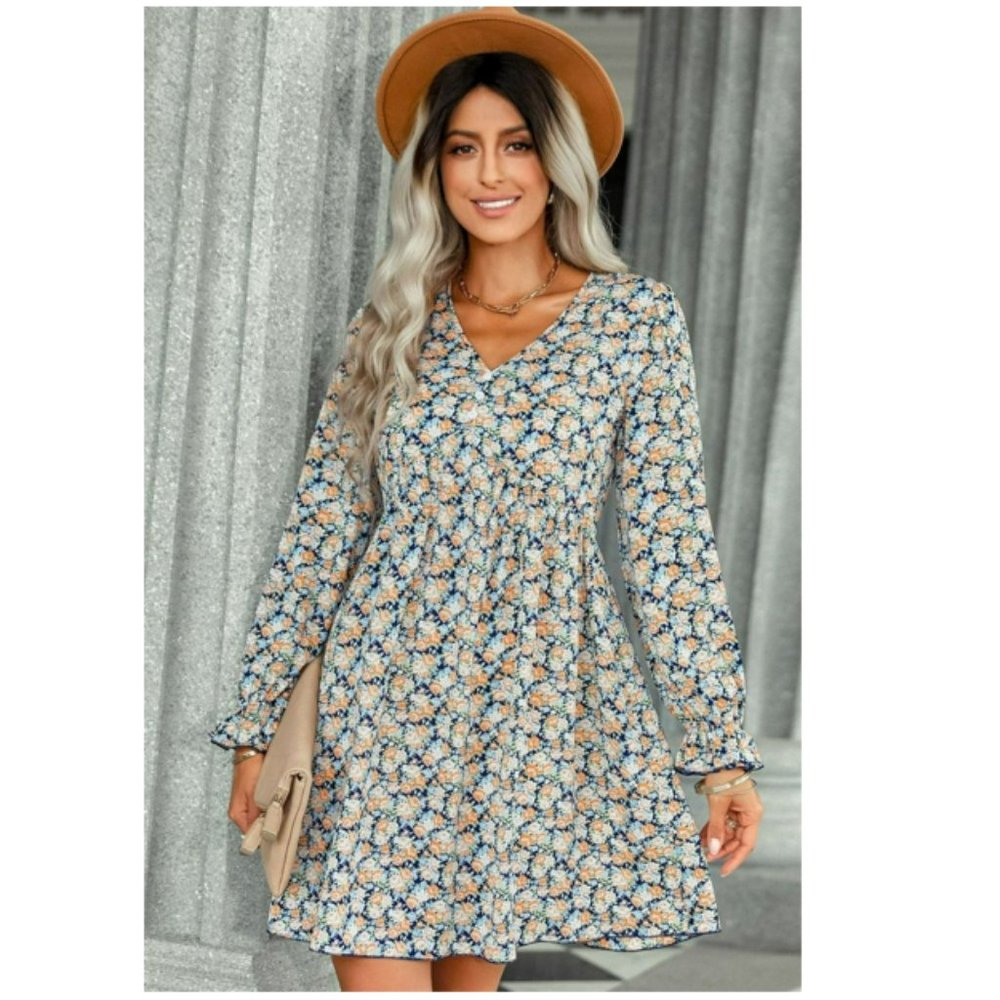 Floral Decorative Button Mini Dress - Picture 1 of 14